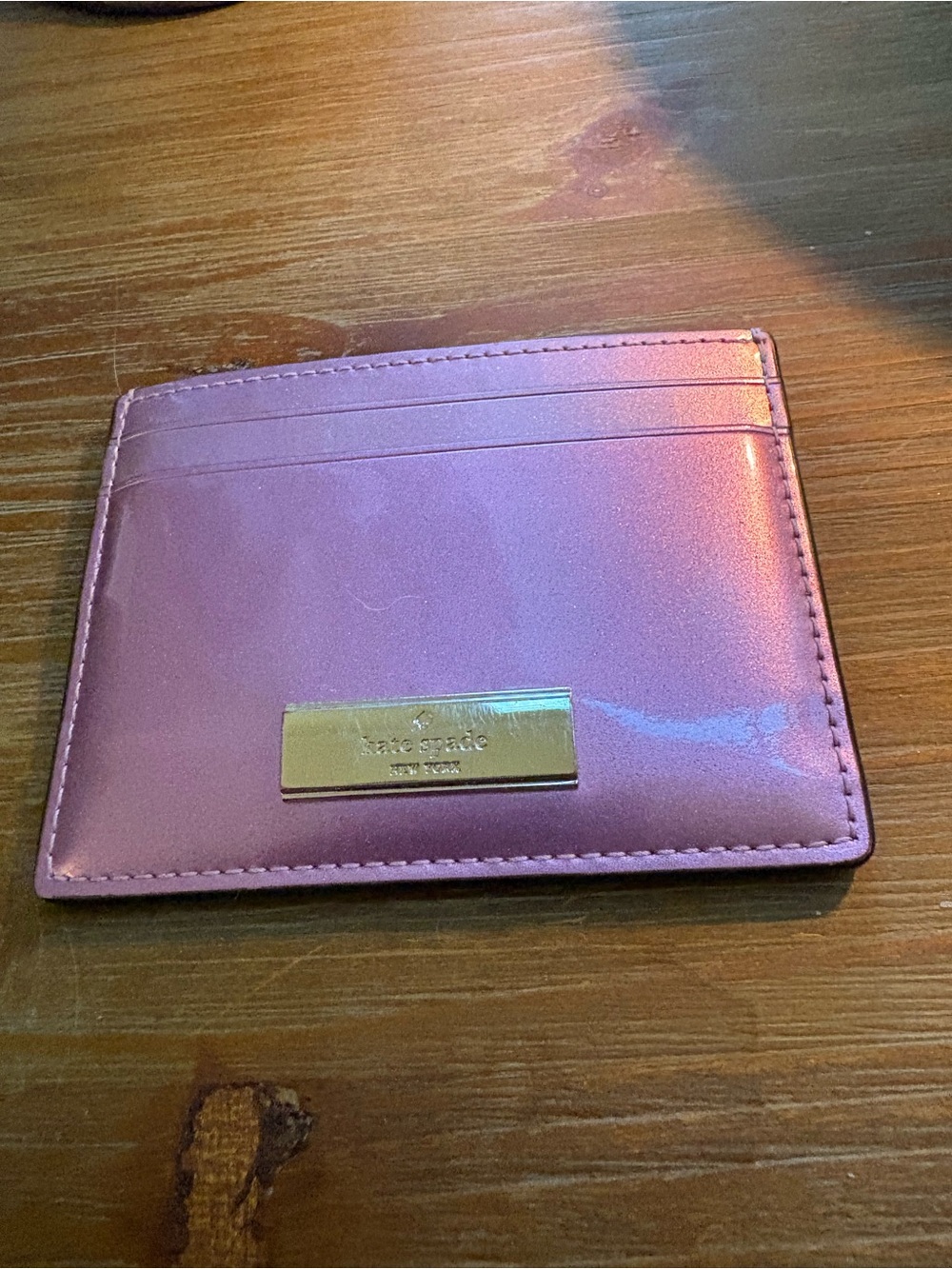 kate spade Pink Metallic Card Holder with Gold Logo Plaque